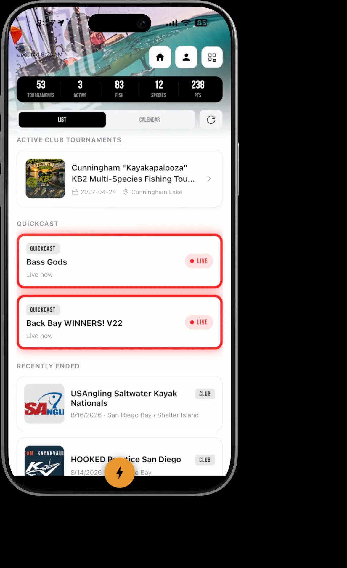 Hooked Field App showing club tournaments and live QuickCast competitions